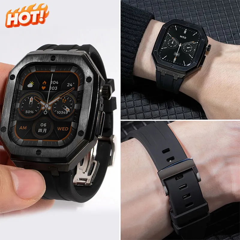 

Комплект для роскошной модификации Apple Watch 11/10 46 мм: ремешок из фторкаучука, корпус из нержавеющей стали для iWatch 9/8/7/6/5/4/SE 44/45 мм