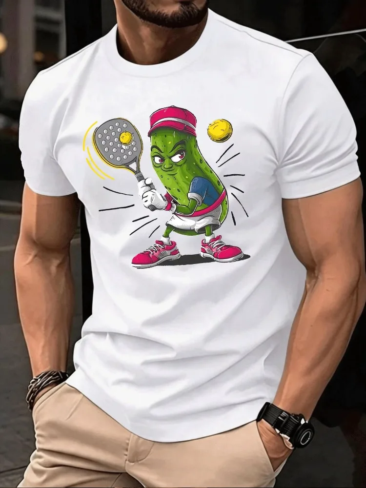 Mens Crew Neck Tee Sport Pickle Paddle Tennis Cartoon Character Print Breathable Cotton Outdoor Summer Short Sleeve Casual Top