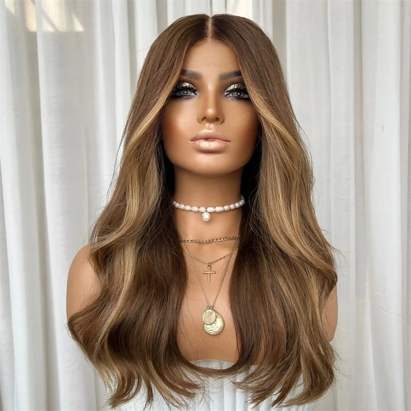 Boa qualidade ombre marrom loira peruca sintética topo hd perucas dianteiras do laço para as mulheres destaque peruca longa onda resistente ao calor fibra cabelo