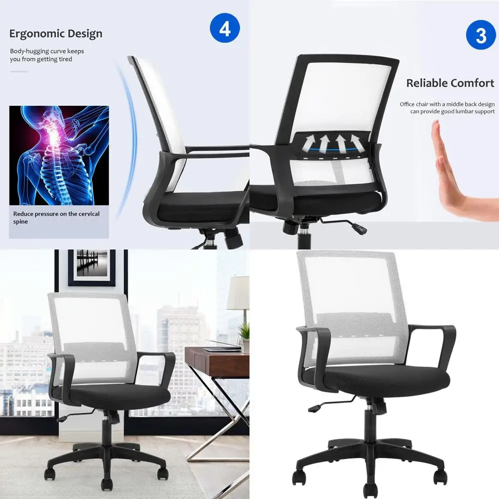 

Белое эргономичное офисное кресло со средней спинкой, сетчатой обивкой, подлокотниками и поясничной опорой для дома и современного рабочего пространства