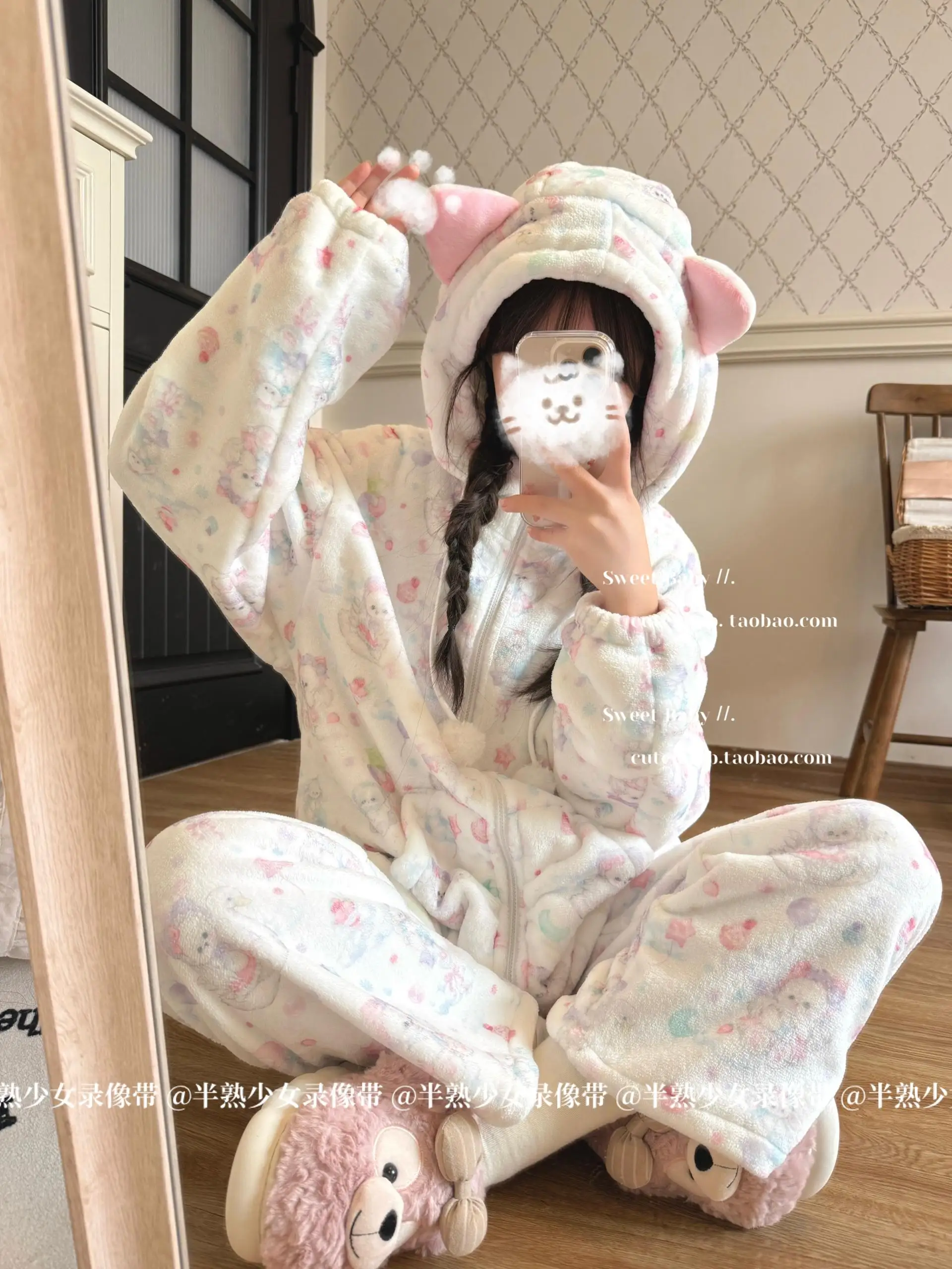 2025 New Hooded Pajamas Women Cat Ears Cute Flannel Long Sleeve Cartoon Print Zipper Sleepwear Soft Warm Japanese Home Clothing