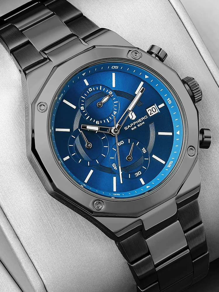 SAPPHERO-Montre de Luxe en Acier Inoxydable pour Homme, Style 2024, Étanche à 50m, Mouvement à Quartz, Décontracté, Business