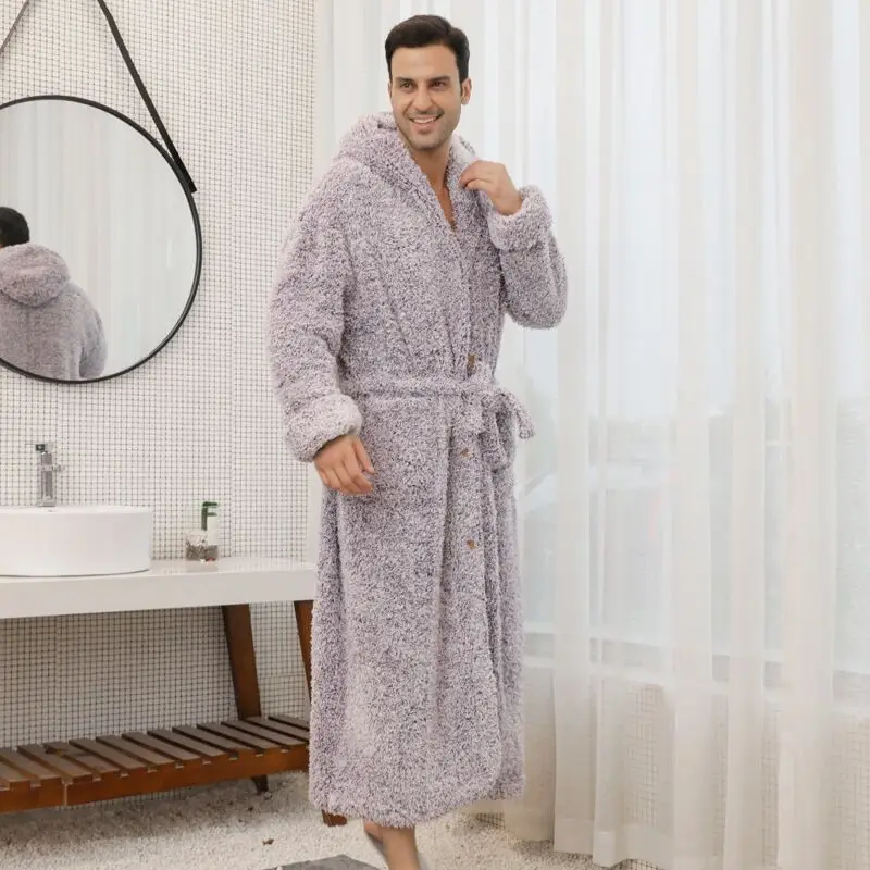 Winter Luxury Double Layer Flannel Men Robe Hooded Nightgown Thick Coral Fleece Belt Botton Super Long Loungewear Loose Bathrobe