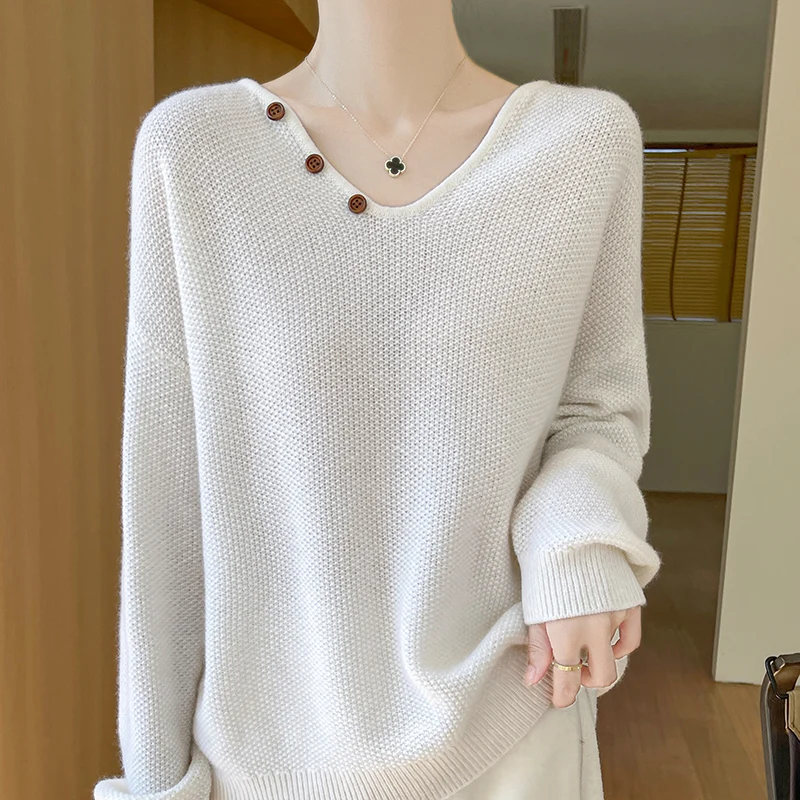 Fall/winter new women\'s sweater 100% pure wool V-tie button loose lazy Joker loose cashmere plus size pullover top