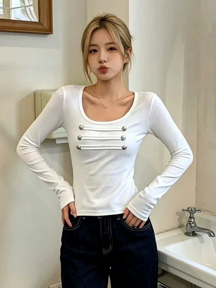 2026 Autumn Y2k Aesthetics Solid Casual Tshirts Harajuku Double-breasted Slim Fit Grunge T-shirt Streetwear Vintage Cropped Tops