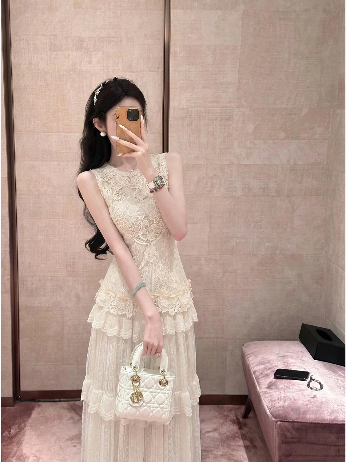 

Sy Summer Lace Knitted Vest Top V-ne Two-piece Set Women's Faion Commute Sle Pure Color Hollow out Cotton Blend