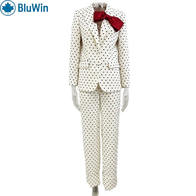 

BluWin Polka Dot Pants Suit Women Two Piece Blazer and Straight Leg Trousers with Removable Bow Elegant