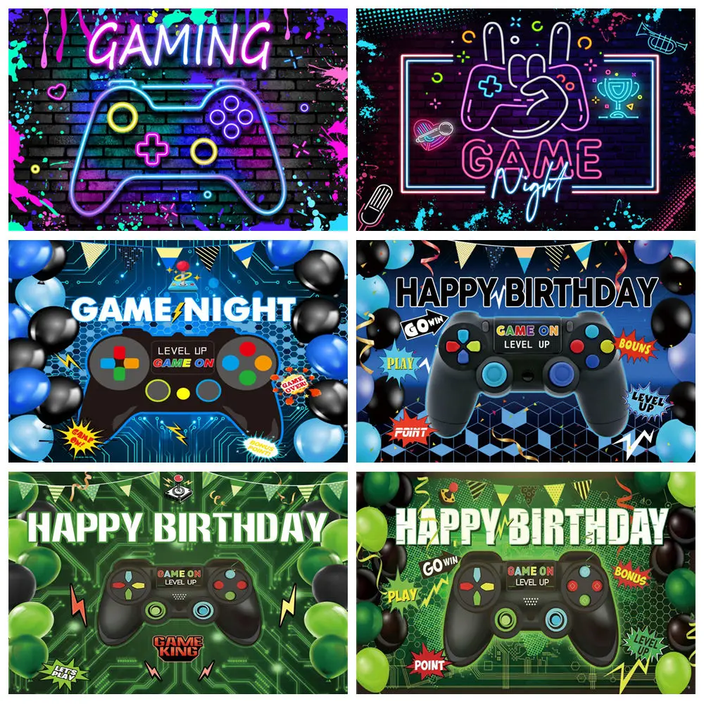 

Game On Happy Birthday Backdrop Video Gamer Neon Gaming Theme Level Up Child Birthday Party Photography Background Photo Studio