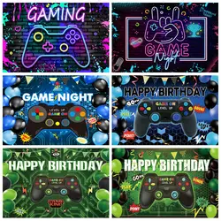 Game On Happy Birthday Backdrop Video Gamer Neon Gaming Theme Level Up Child Birthday Party Photography Background Photo Studio