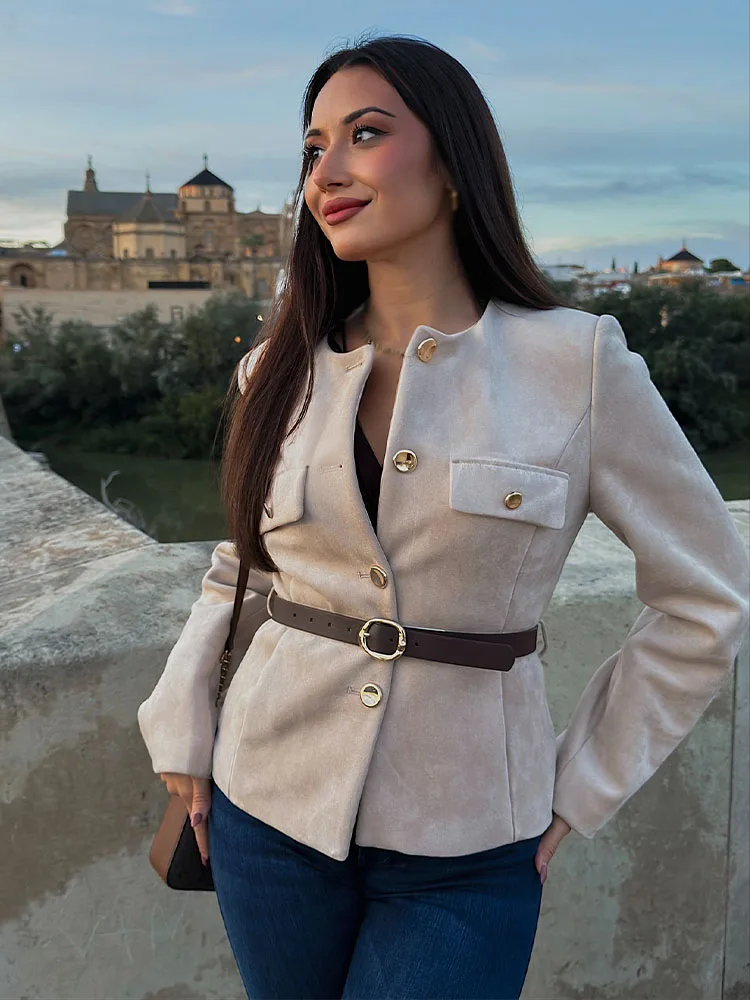 HH mujer cinturón de bolsillo falso de un solo pecho decorar chaquetas de calle otoño mujer moda cuello redondo manga larga abrigo corto 3 colores