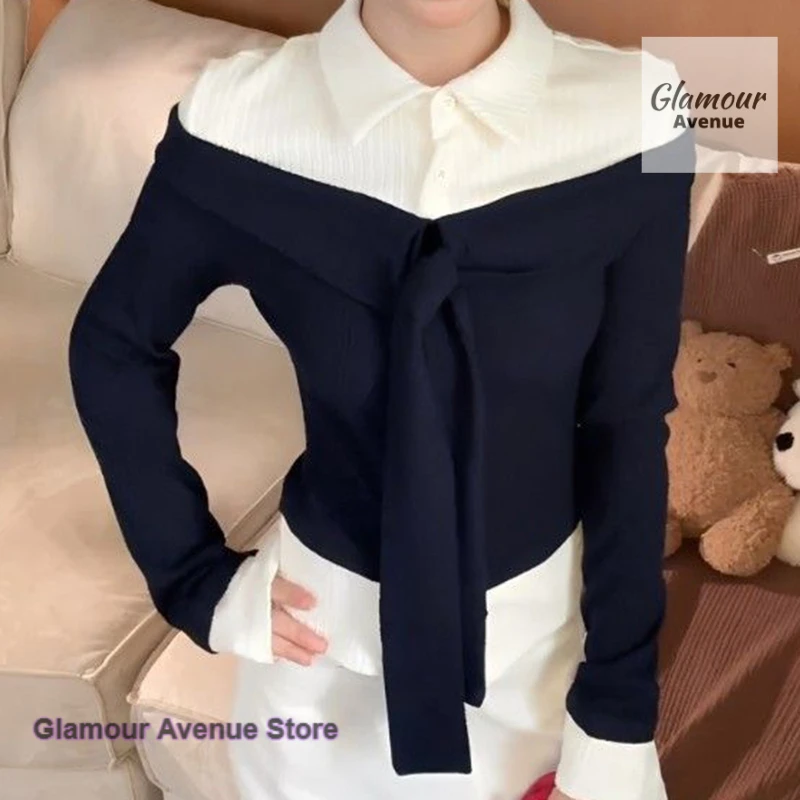 

French-style high-quality giant-looking fake two-piece knitted top women's spring and autumn design sense niche bottoming shirt