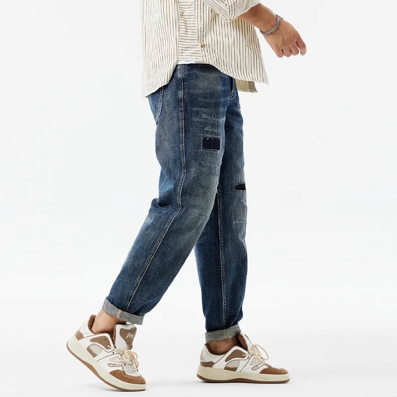 

BGC9693 American style patch holes design sense jeans men ins autumn new tide loose straight trousers
