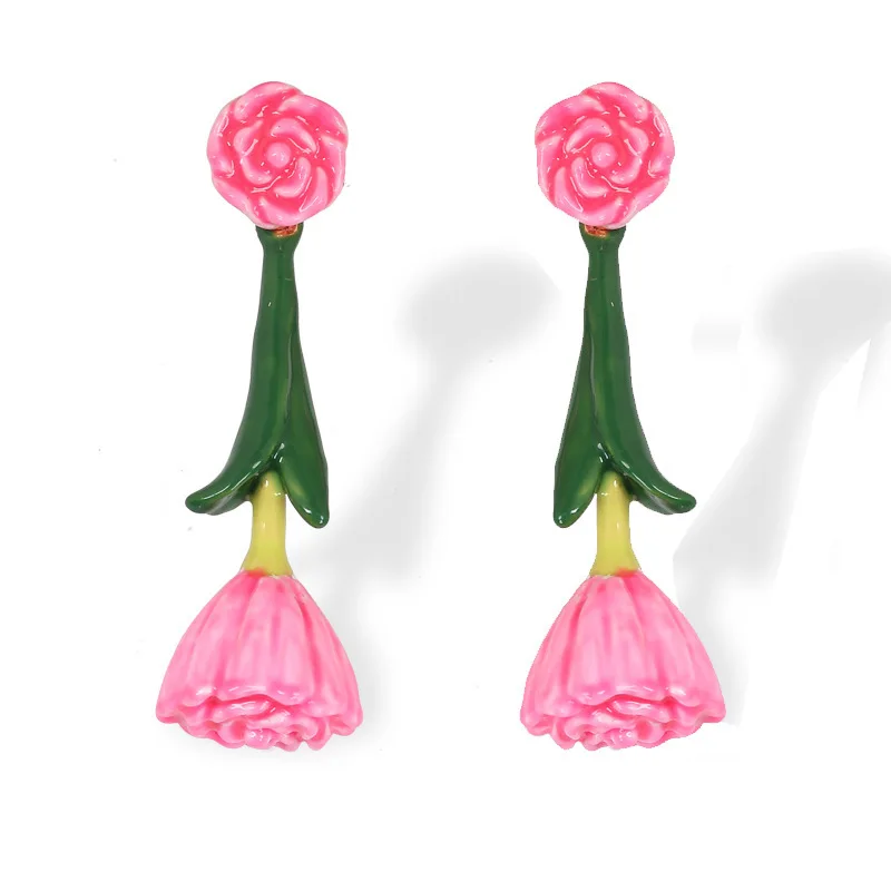 

Ethnic Style Popular New Garden Flower Series Small Fresh Green Leaves Hand-painted Enamel Glaze Pink Blossom Earrings for Women