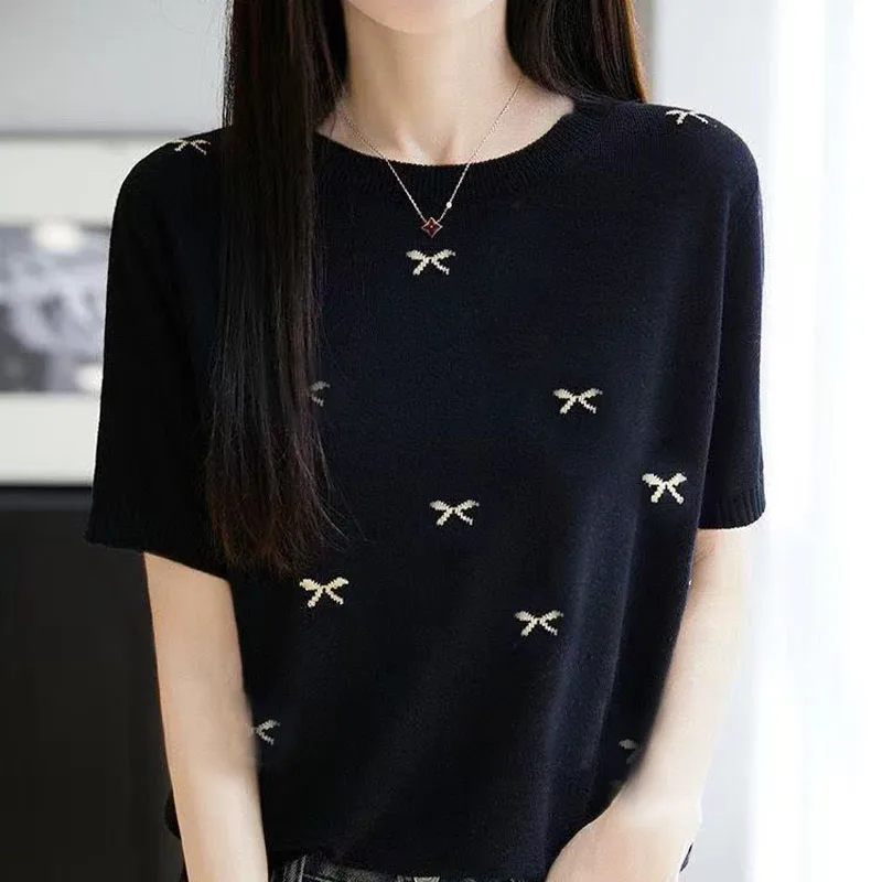 T-Shirt à manches courtes tricoté en soie glacée pour femme, col rond, manches fines, ample et Slim, printemps et été