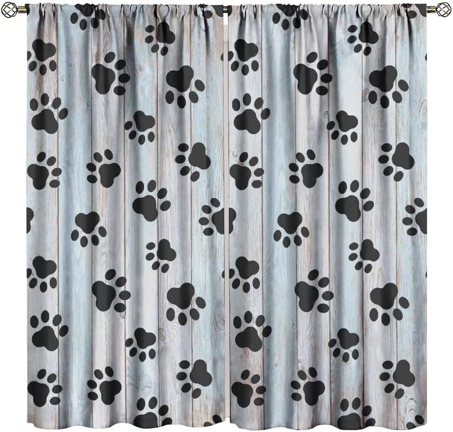 Dog Paws Curtains Farm Wooden Board Black Paws Pattern for Kids Room Decoration Print Decor Rod Pocket Window Drapes for Bedroom