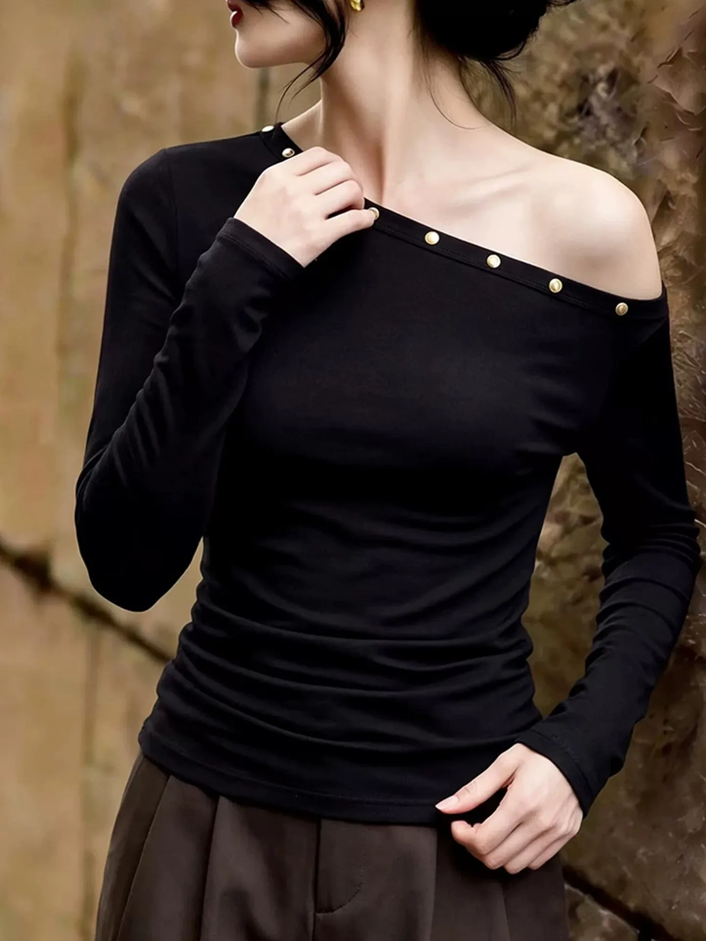 Slimming Long Sleeve T-Shirt Women's Fall New Korean Style Versatile Slim Fit Shoulder Bared Side Collar Charming Base Shirt
