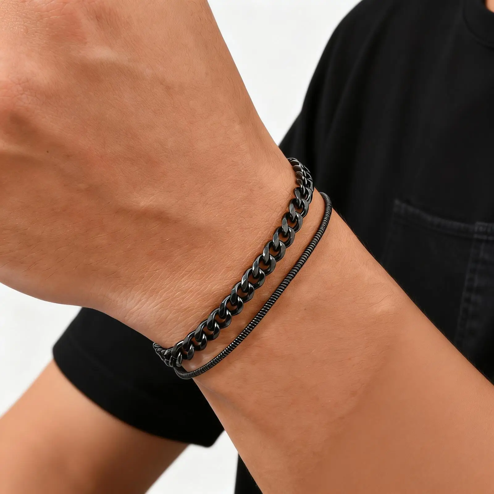 

2pcs Cuban Chain Bracelet for Men Boys,Waterproof Stainless Steel Silver Color Chain Wristband,Stylish Jewelry Gift