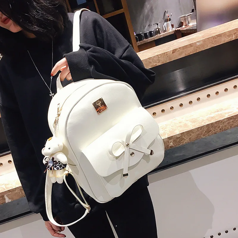 3Pcs Women PU Backpack Set Bow Decor School Bag with Round Crossbody Purse Card Holder Cute Bear Pendant Student Rucksack