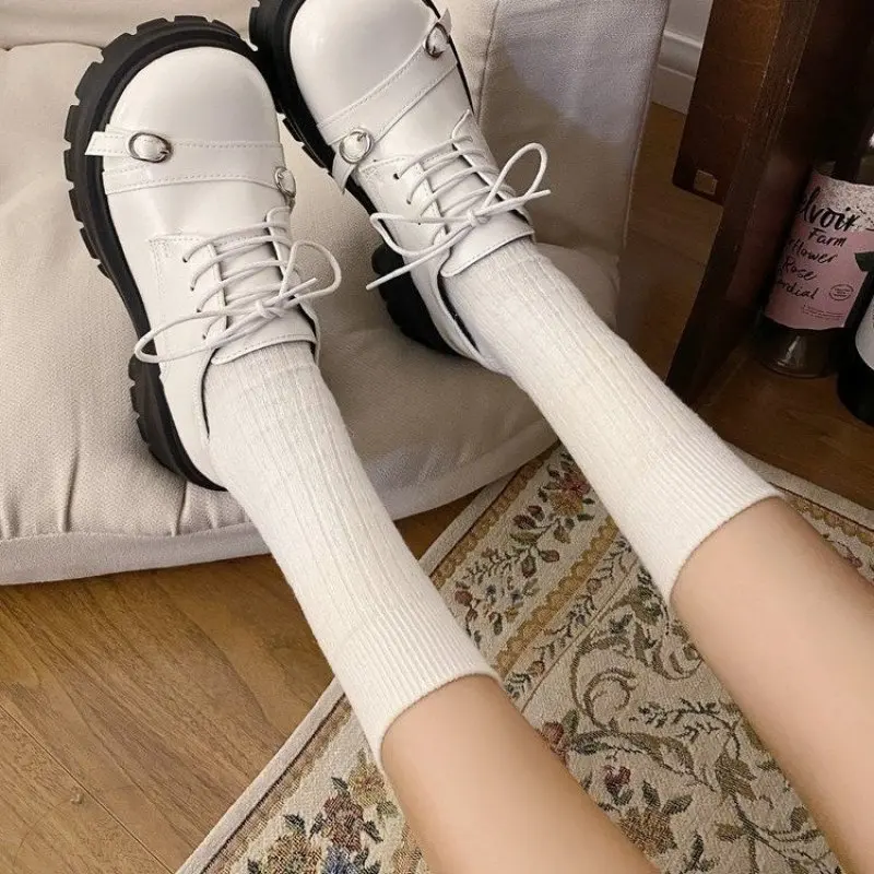 2024 NEW LeShion of Plus Size 35- 39 Women Designer Chunky Heels Shoes Thick Platform Buckle Lace-up Goth Flat Shoes Ladies Chic