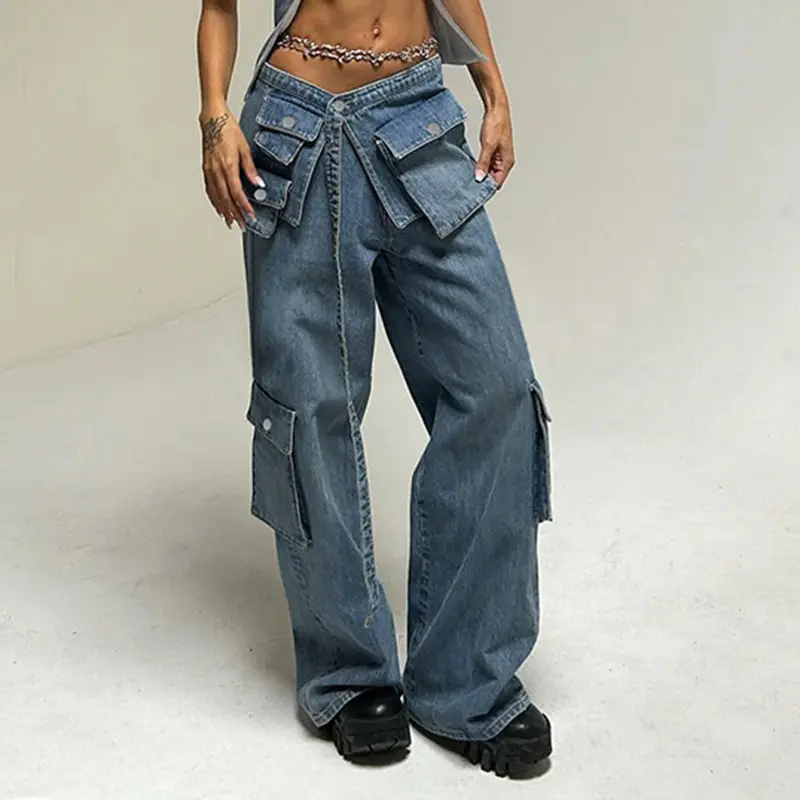 Denim Cargo Pants Irregular Patchwork Multi Pockets Straight High Street 2024 Fashion High Waist Medium Strecth Jeans Streetwear