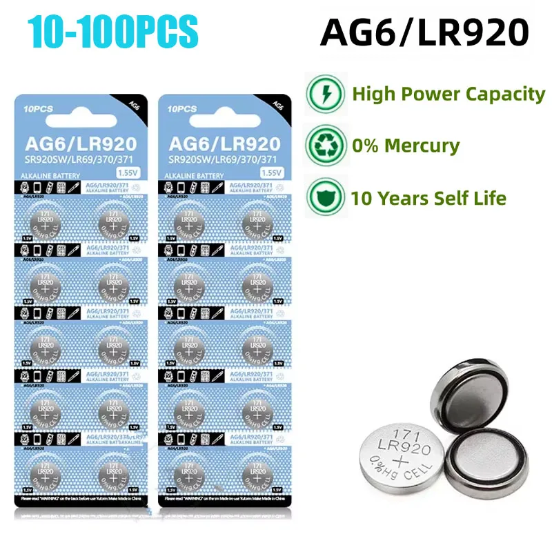 1.55V Coin Battery AG6 371 SR920SW LR920 SR927 171 370 L921 LR69 SR920 Button Batteries for Watch Toys Remote Button Cell