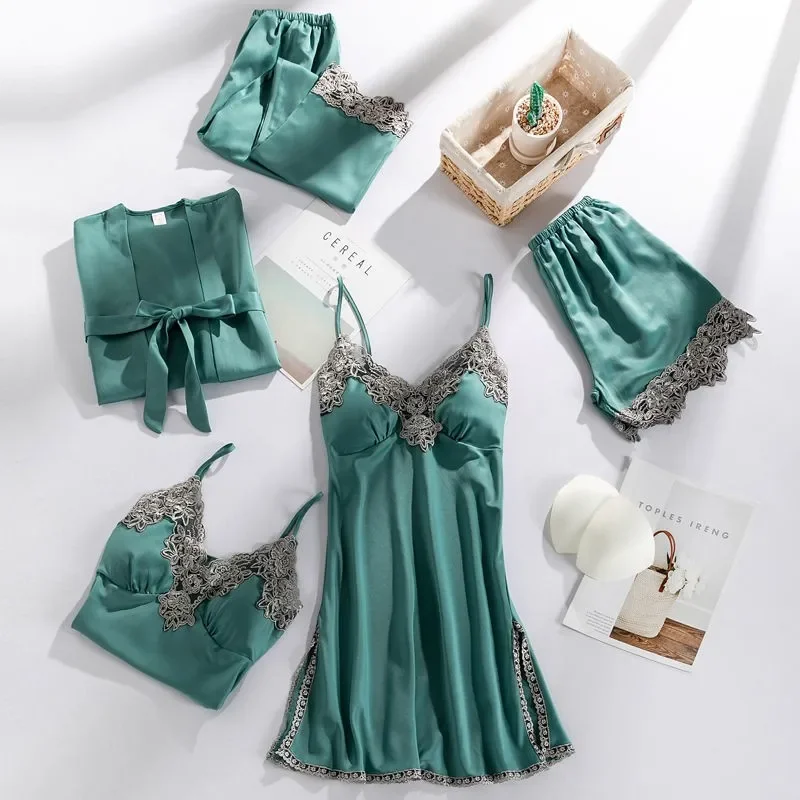 5 sztuk piżamy Sleep Suit Sexy kobiet koronkowa piżama zestawy V-Neck Satin Pijamas intymna bielizna wiosna bielizna nocna odzież domowa PJS