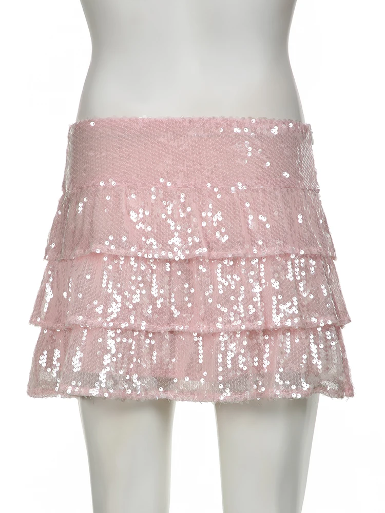 IAMSURE Sweet Cute Sparkle  Glitter A-Line Pleated Skirt Casual See Through High Waisted Mini Skirts Women 2023 Summer Fashion