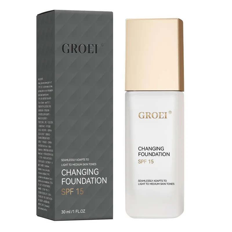 Hydraterende Kleur-Adapterende Foundation SPF 15 30ml - Natuurlijke dekking voor lichte tot medium huidtinten, lichtgewicht met hyaluronzuur.