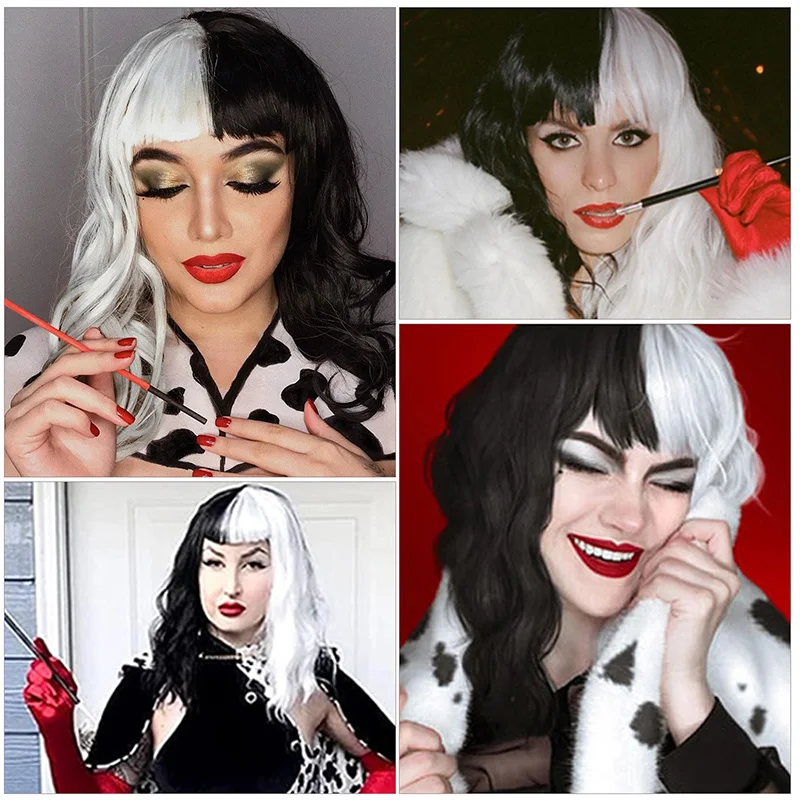 Synthetic Black and White Cruella Wig for Women Deville Costume Wig Short Wavy Wig Natural Cute Wigs for Party(Black and White)