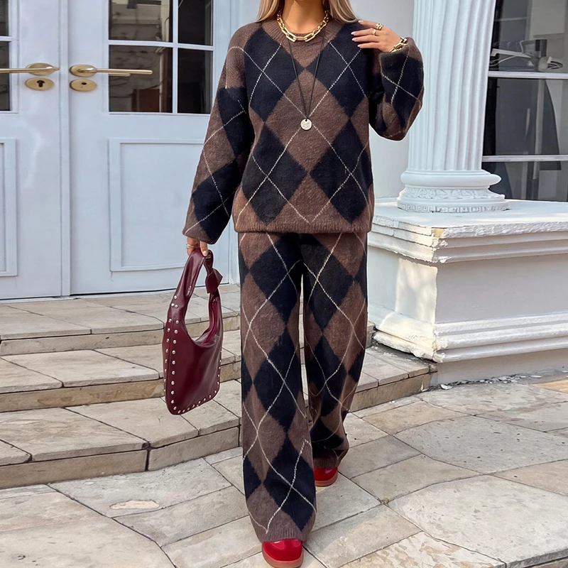 Women Geometric Print Knit Co‑ord Set Crew Neck Long Sleeve Sweater High Waist Wide Leg Pants Suit Chic Knitted Two Piece Outfit