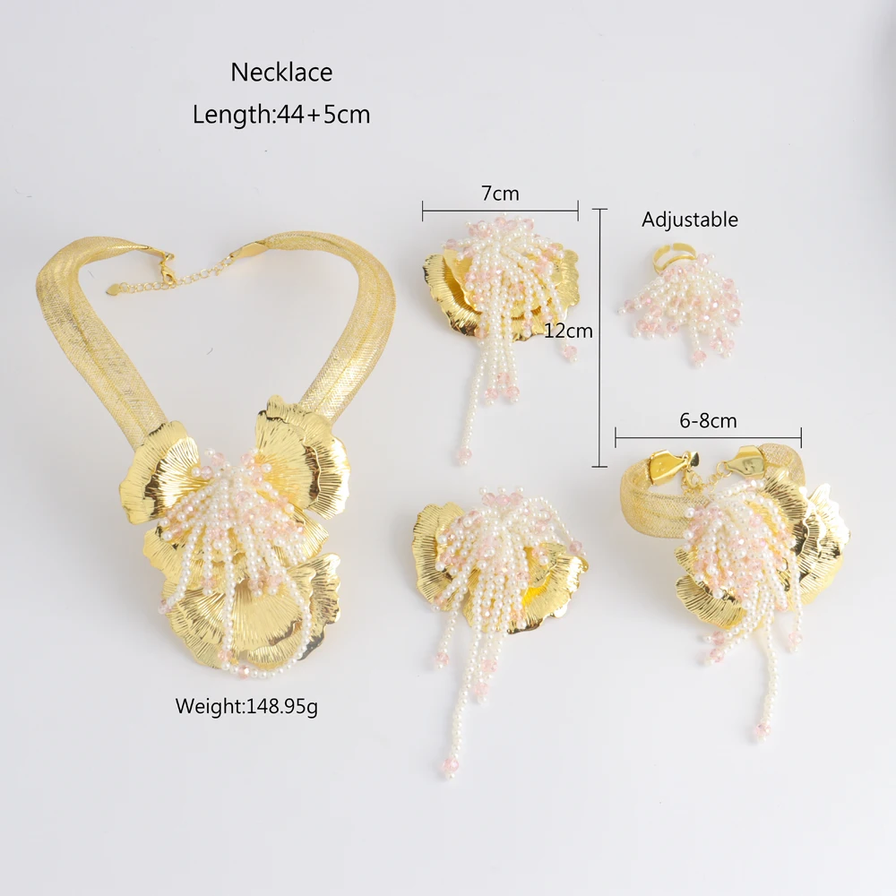 Gold Plated Woman Jewelry Sets Luxury Tassels Flower Necklace Earrings Wedding Round Beads Jewellery Banquet Anniversary Gifts