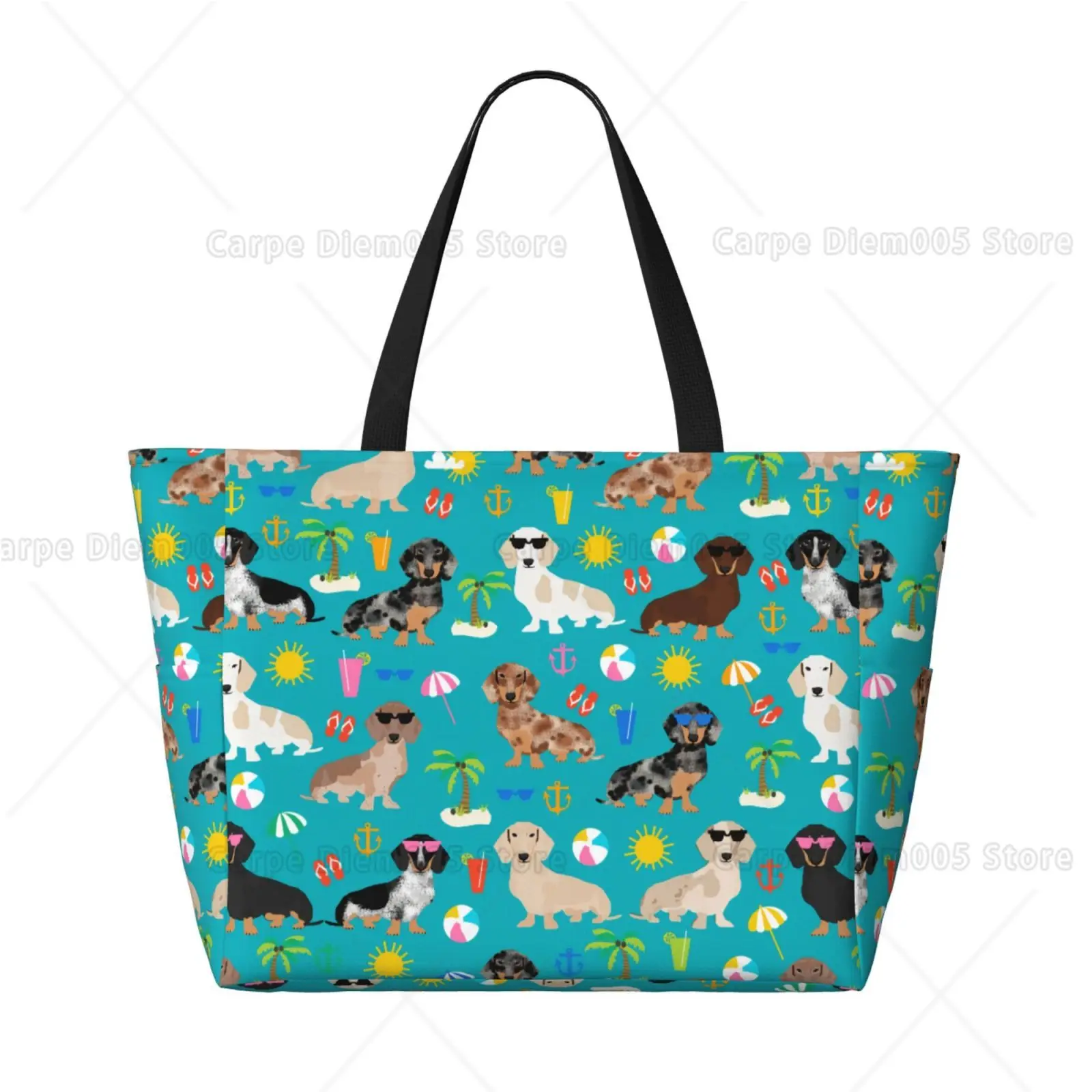 Turquoise Summer Dachshund Beach Print Large Tote Bag Multi Pocket Shoulder Handbag with Side Cup Holders for Dog Lovers