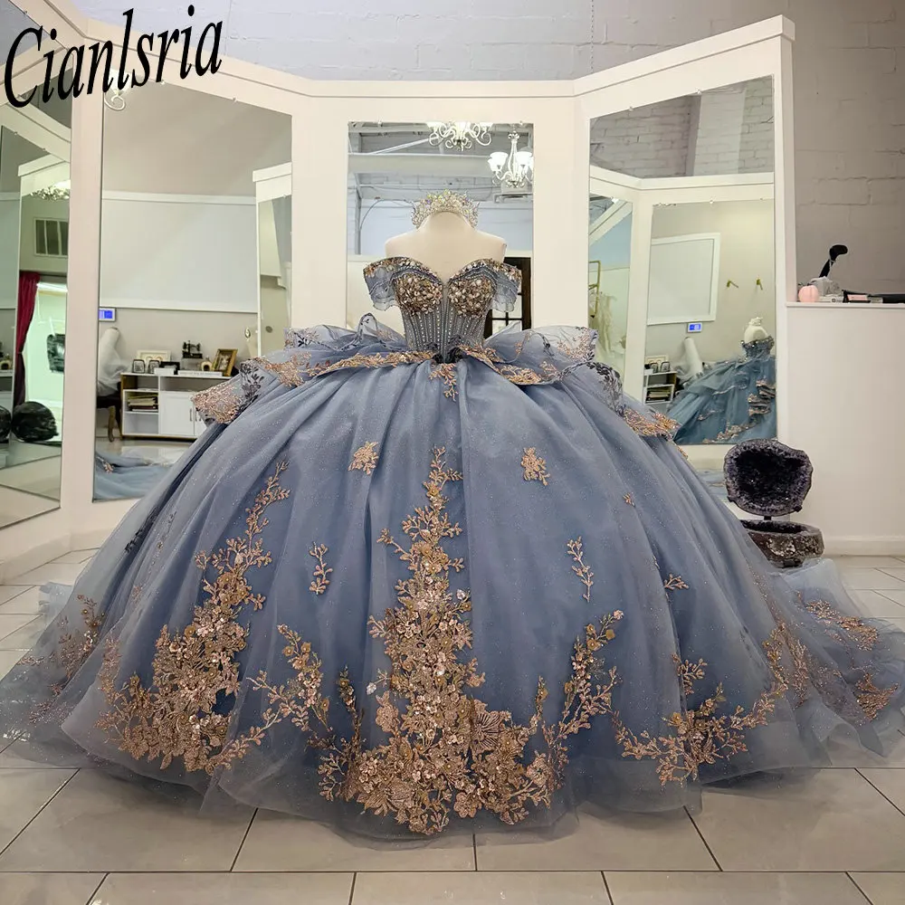 Smoke Blue Beading Crystal Ruffles Quinceanera Dresses Ball Gown Gold Appliques Lace Bow Mexican Sweet 16 XV Anos