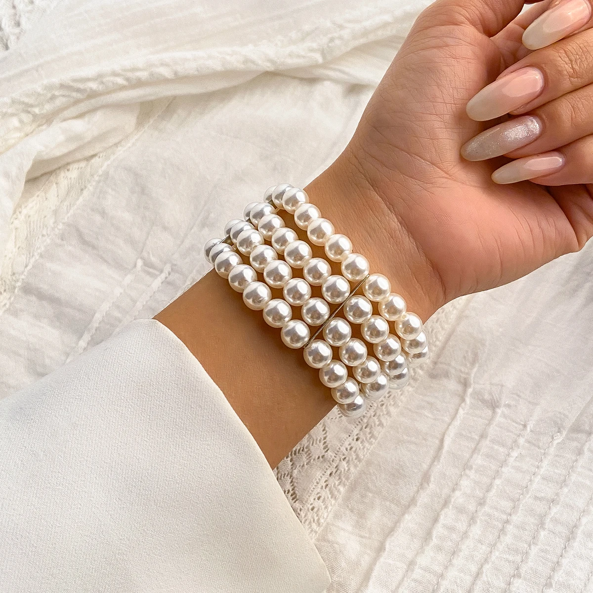 Ingemark Multilayer White Imitation Pearl Chain Bracelet for Women Wedding Bridal Kpop Elegant Beaded Bracelets Hand Jewelry New