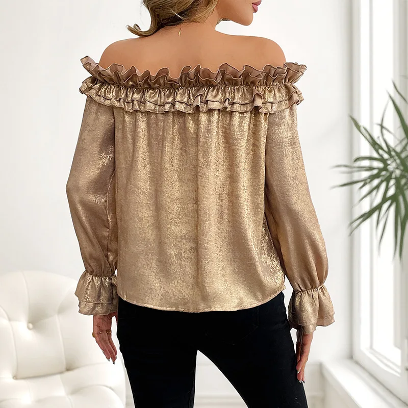 2025 Gold Off Shoulder Shirt Women Sexy Elegant Party Blouse Long Sleeve Ruffle Top Night Club Dinner Going Out Tops