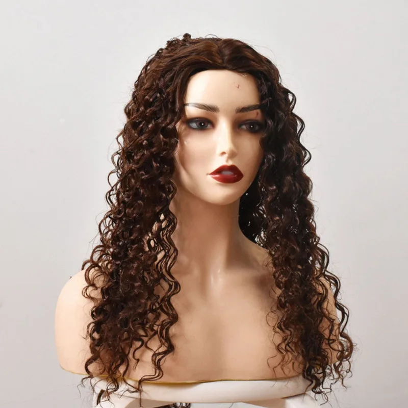 여성용 가발 중간 길이 곱슬머리 중앙 가르마 브라운 아프리칸 작은 컬 고온 실크 가발