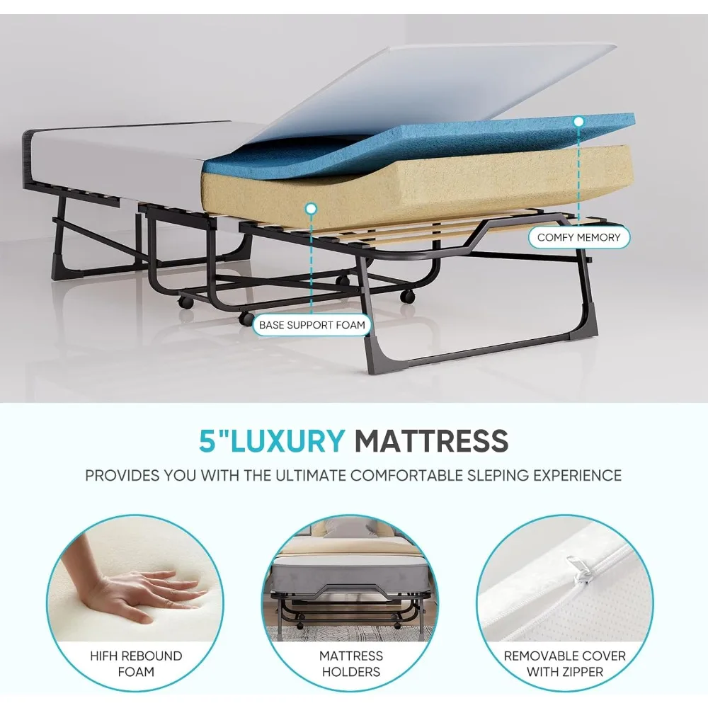 سرير ضيوف قابل للطي مع لوح رأسي، مقاس 75 × 31، 5 مرتبة، سهل الحركة، إطار معدني قوي #4