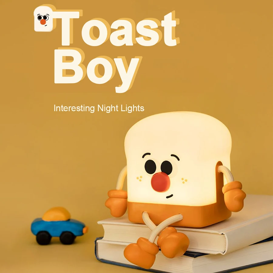 Led Children Night Light Carton Toast USB Rechargeable Lamp Silicone Sleeping Bedroom Desktop Decor Lamp