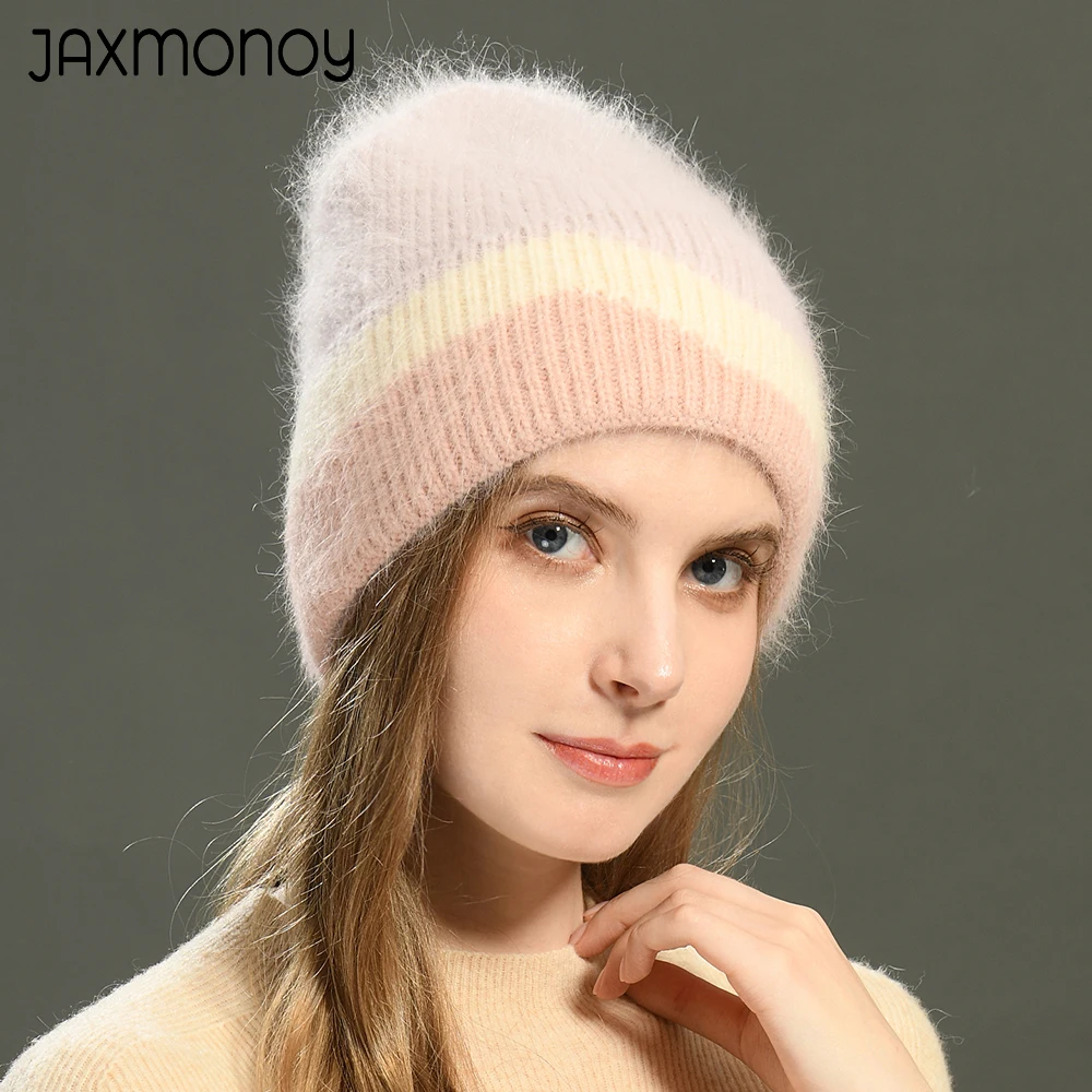 

Jaxmonoy Women's Rabbit Fur Beanie Hat Ladies Winter Warm Knitted Angora Beanies Fashion Mix Color Skullies Beanies Hats Female