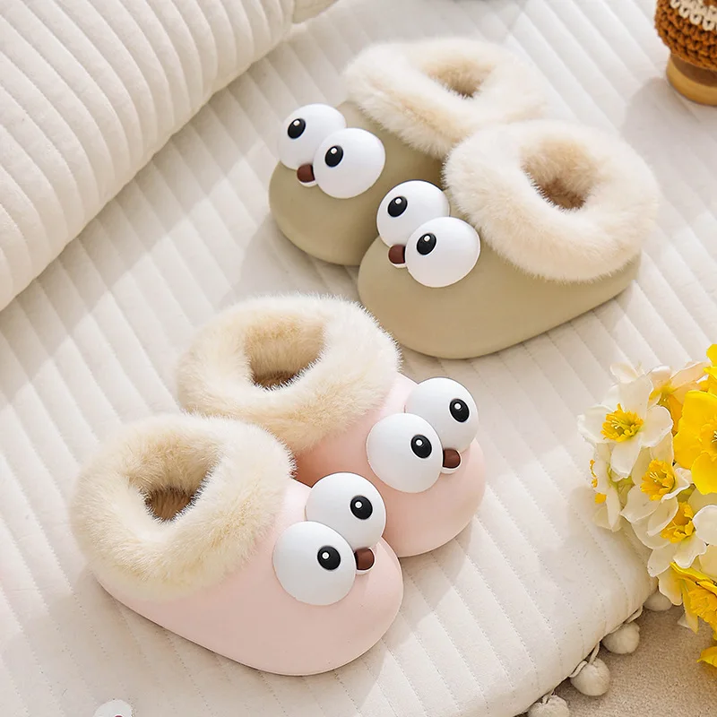 

Removable Liner Children's Cotton Slippers Boys Velvet Big Eye Mop Winter New Waterproof Warm Cotton Shoes Girl Adorable