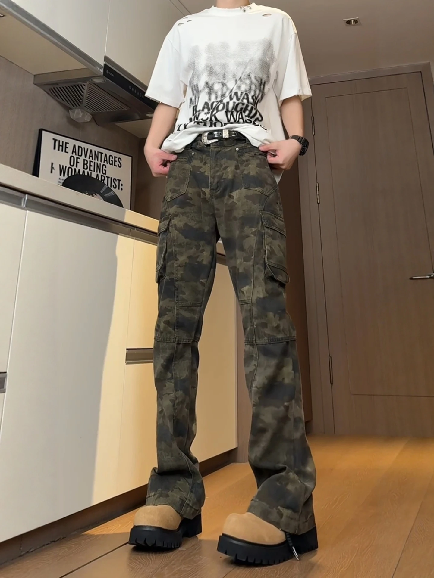 

Gmcs Camouflage Bell Bottom Men's Jeans High Street Vibe Long Straight Workwear Trousers Autumn Collection Youth Fashion