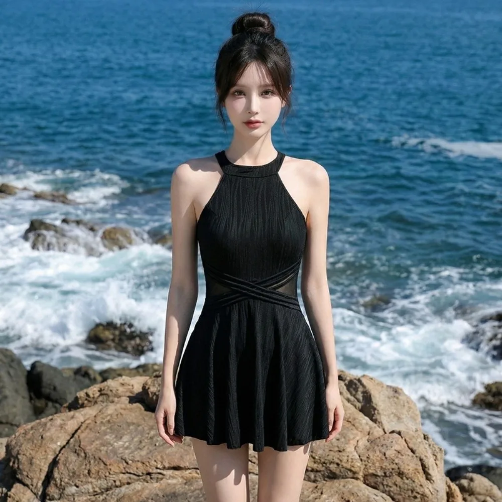 

Slim Fit Backless Skirt Swimsuit Sleeveless Beachwear Hanging Neck Swimsuit Pleated Korean Y2k Hot Spring Swimwear Vacation
