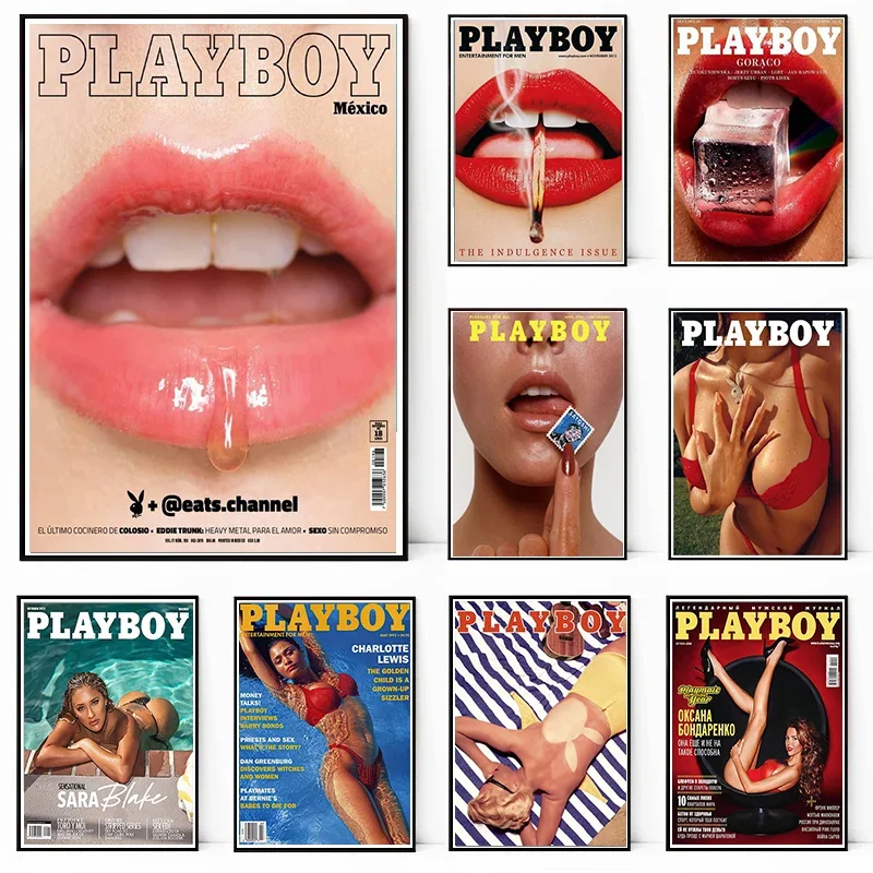 Fashion Magazine Cover Play Boy Poster Red Lips Butterfly Canvas HD Print Wall Art Picture Living Room Bedroom Decor Gift