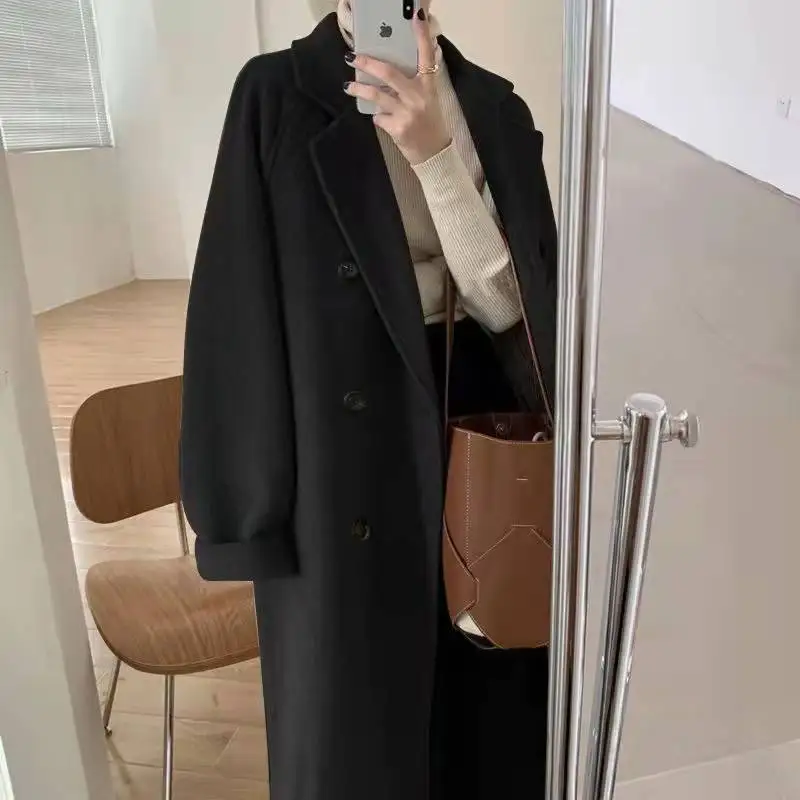 Blends Women Mid Length Wool Coats Splice Korean Jackets Turn Down Collar Full Sleeve Double Breasted Thick Autumn Winter