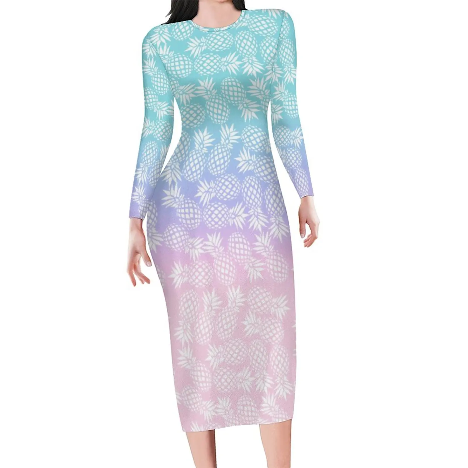 Funny Pineapple Dress Long Sleeve Pink Blue Ombre Print Retro Dresses Holiday Women Streetwear Custom Bodycon Dress 3XL 4XL 5XL