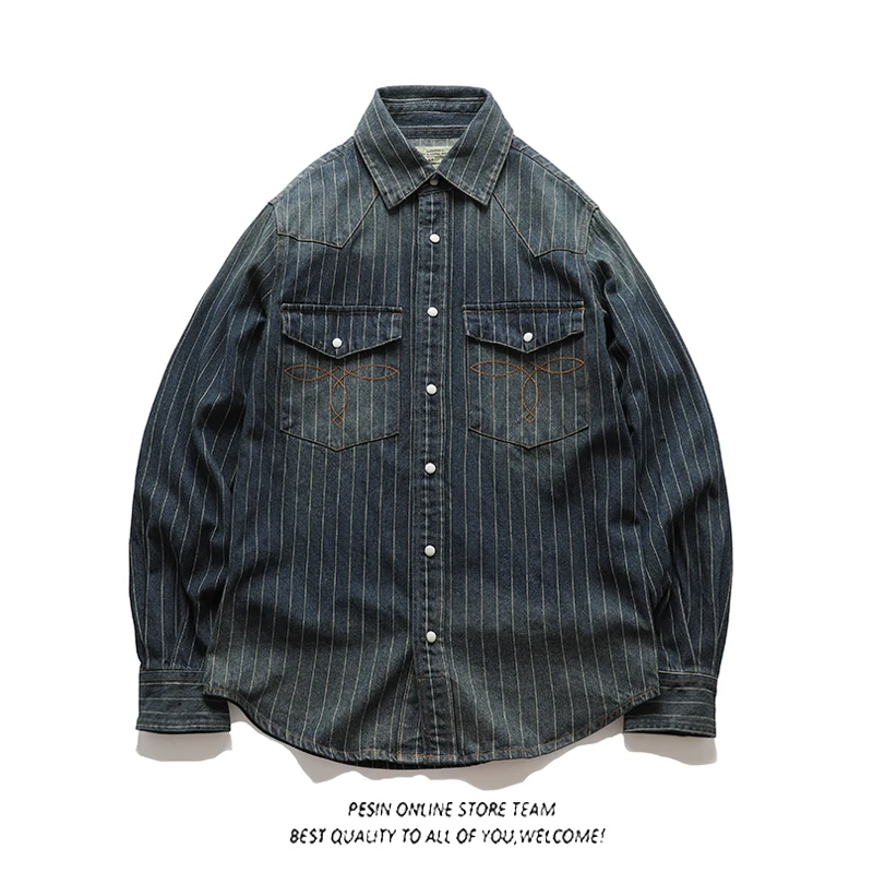 

Classic American Retro Long Sve Men's Denim irt Trendy Brand Gem Button Western Sle ket Flower RL Sle Stand Fit