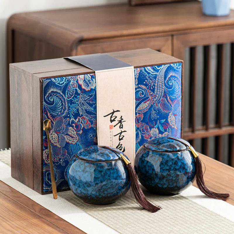 Premium Ceramic Tea Canister Tin Storage Jar with Metal Spoon & Empty Gift Box Caddies for Dried Fruits Medicinal Tea Organizer