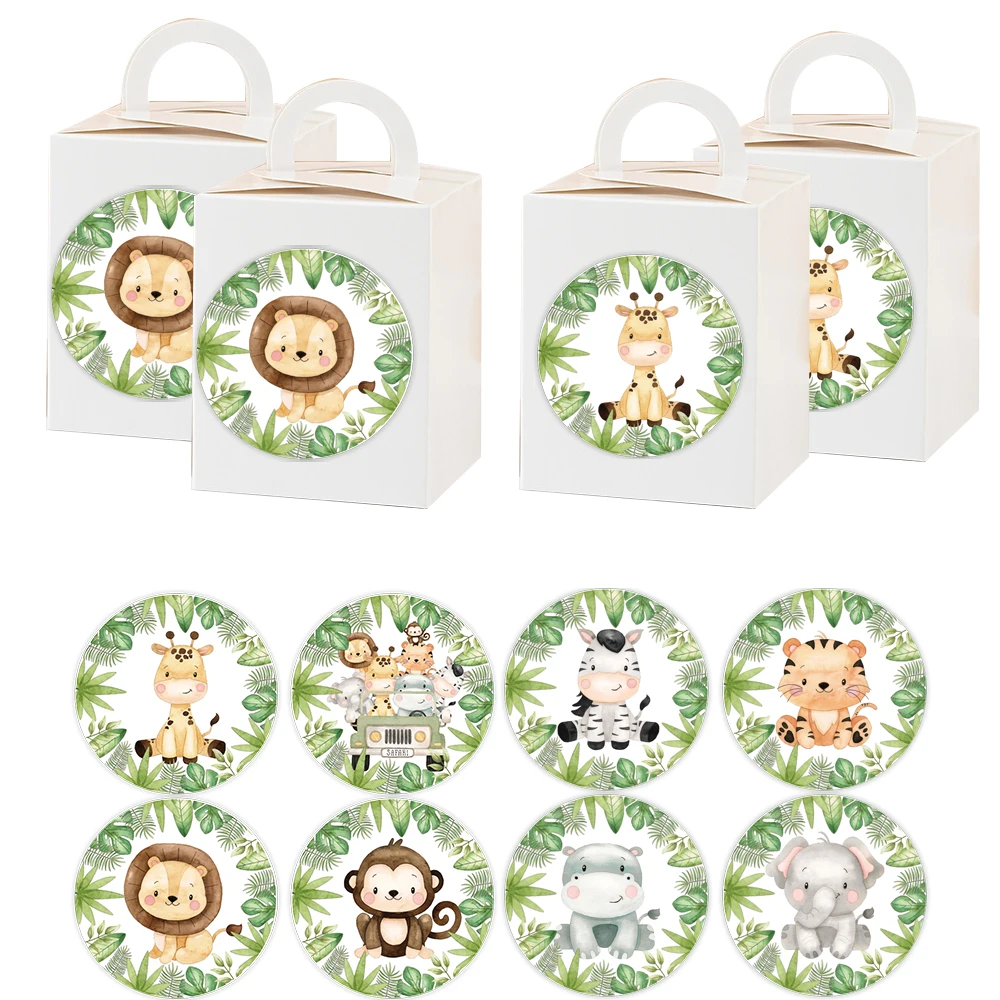 112pcs Animal Stickers Carton Round Stickers for Kids Jungle Wild One Happy Birthday Party Decor DIY Cookie Packaging Supplies