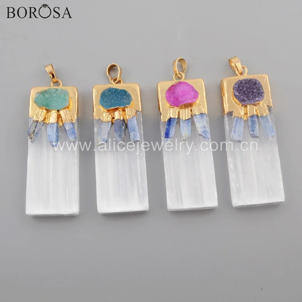 

BOROSA Golden Plated Selenite Stone With Natural Kyanite Rainbow Agates Druzy Pendants Necklace Handmade Jewelry for Women Gifts