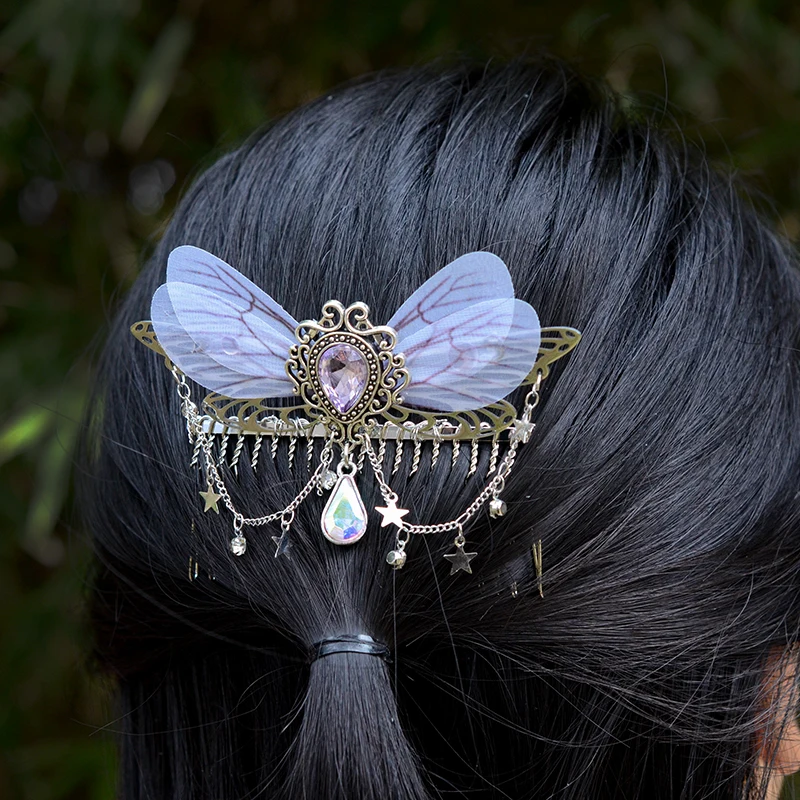 Witch Crystal Butterfly Wings nappe Haircomb Fairy Hairclip per le donne